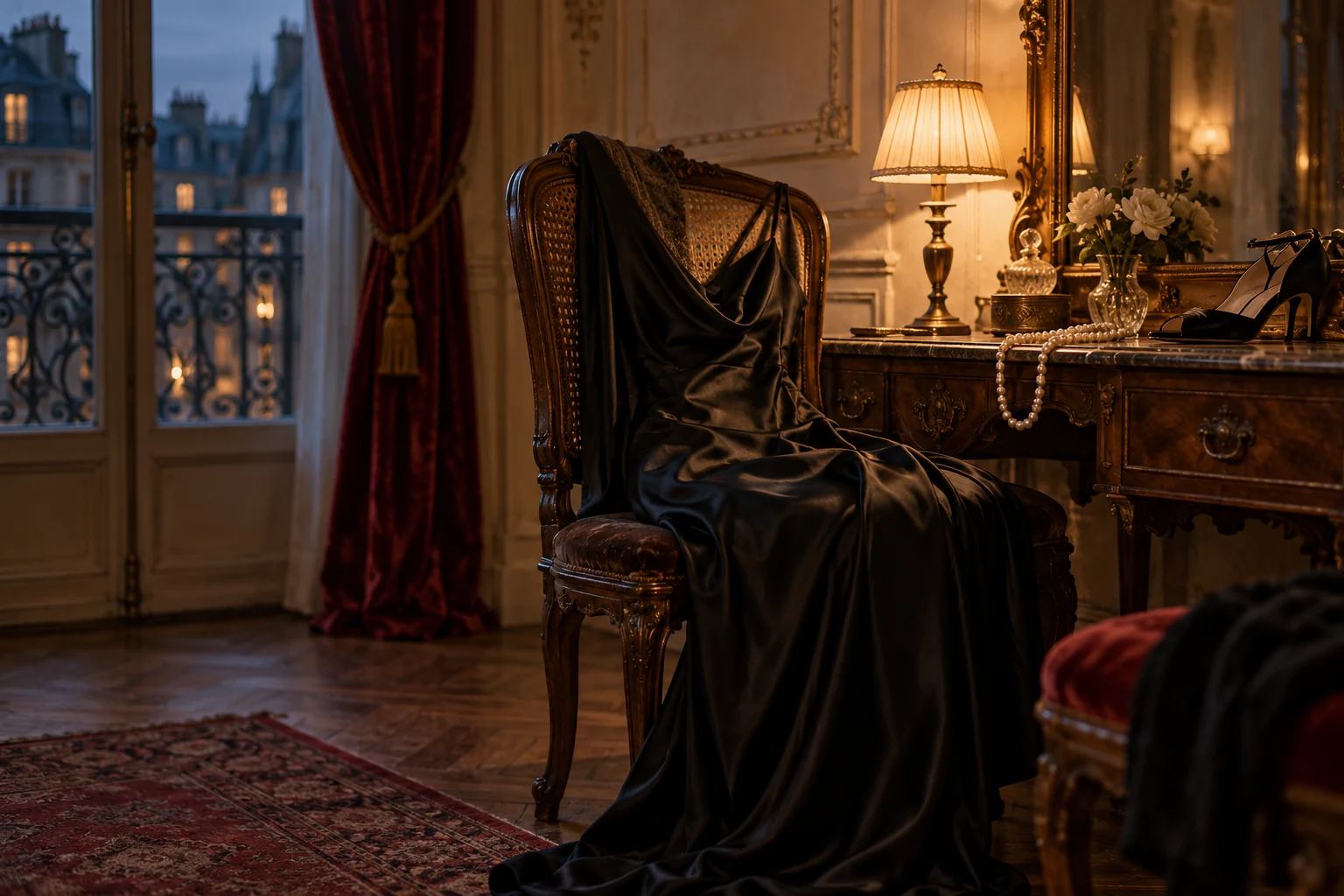 An imagined black dress and pearls in a cinema dressing room